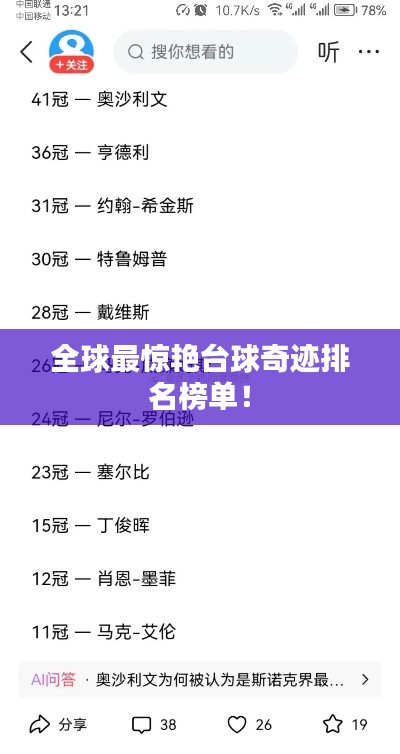 全球最惊艳台球奇迹排名榜单！